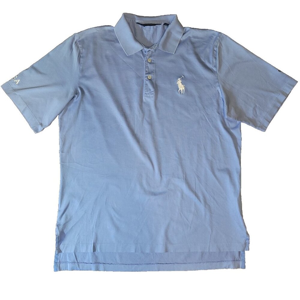 Polo Golf Ralph Lauren Mens Medium Light Blue SS Embroidered Sleeves FLAW